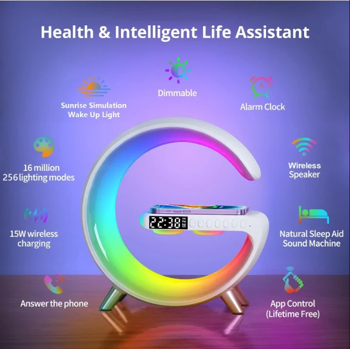 G63 Multifunkciós szórakoztató állomás – Bluetooth hangszóró, vezeték nélküli töltő, RGB LED party fény és éjszakai lámpa – 10W