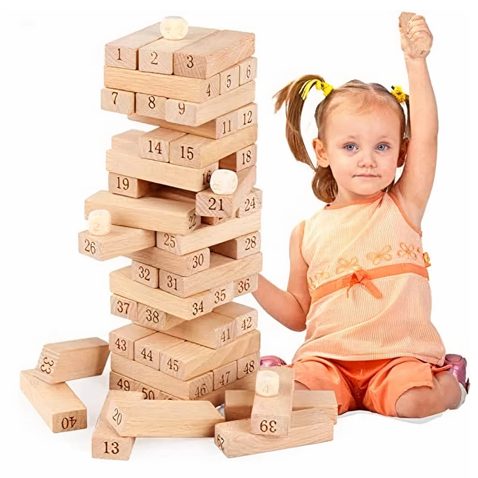 51 db-os, fából készült jenga - szórakoztató és készségfejlesztő toronyépítő társasjáték
