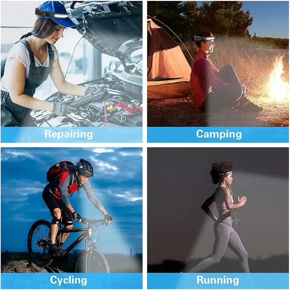 Kézmozdulatokkal vezérelhető LED fejlámpa-  extra könnyű, állítható méretű, vékony és kényelmes LED fejpánt mozgásérzékelővel