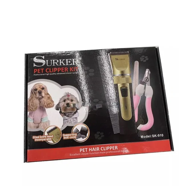 Surker SK-910 csendes működésű, akkumulátoros kisállatszőr nyíró készülék - 3-6-9-12 mm cserélhető fejekkel(BBL)