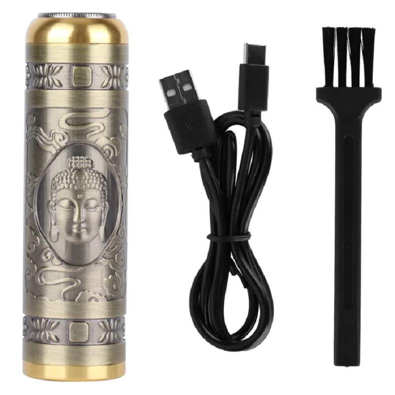 Kompakt méretű Retro körkéses, USB gravírozott villanyborotva tisztítókefével