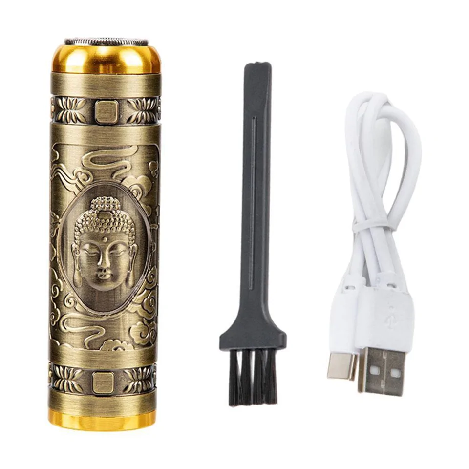 Kompakt méretű Retro körkéses, USB gravírozott villanyborotva tisztítókefével