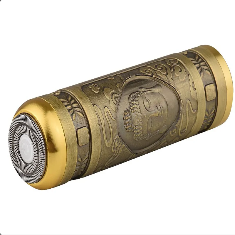 Kompakt méretű Retro körkéses, USB gravírozott villanyborotva tisztítókefével