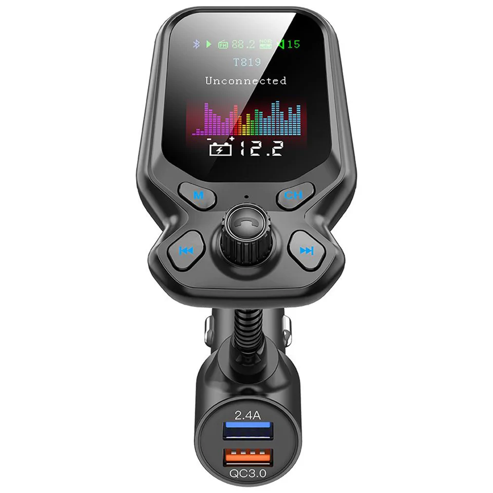 Bluetooth FM transzmitter, autós töltő LCD kijelzővel - zenelejátszás, hívások kezelésére, beépített mikrofonnal T819