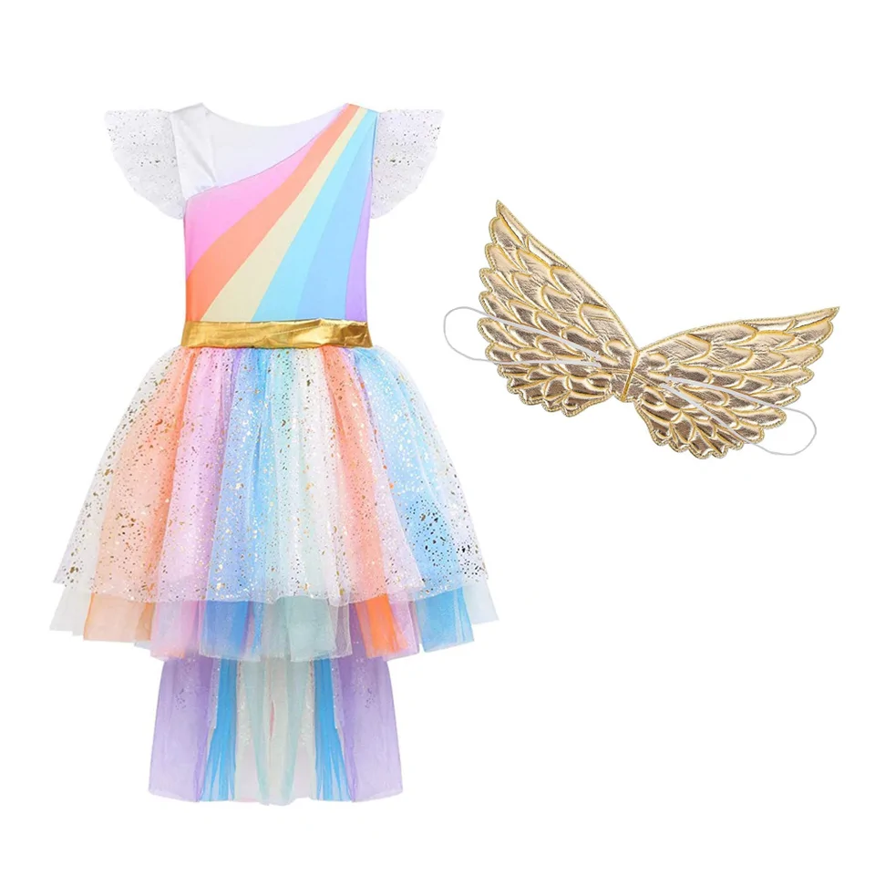 Farsangi unikornis jelmez kislányoknak szivárványszínű ruhával, fejdísszel és szárnyakkal - S méret - 110 cm magasságra