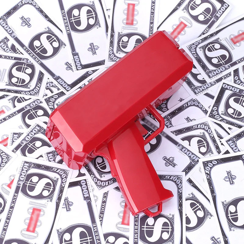 Money gun - piros színű elektromos pénzkilövő pisztoly 100 db játék bankjeggyel - esküvőre, bulira, fotózáshoz