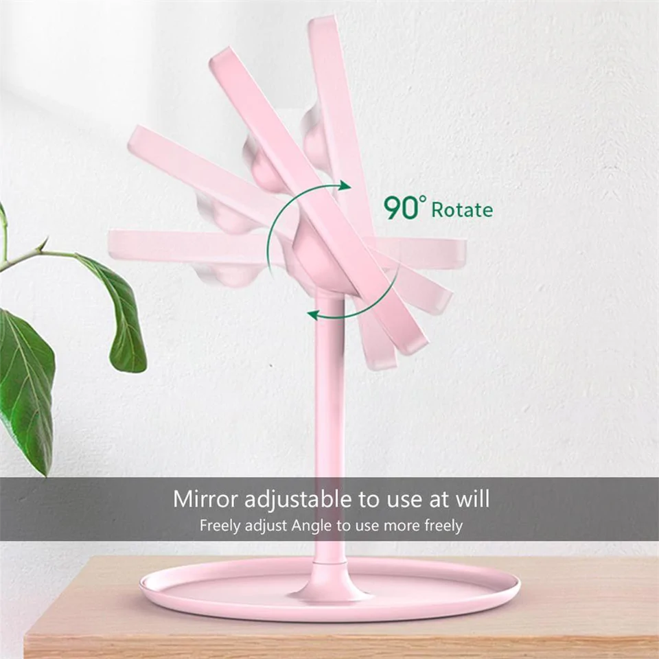 90°-ban forgatható, USB sminktükör LED világítással és 3 féle fényerősséggel - rózsaszín