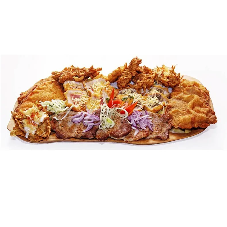 7 részes fatányér készlet - fából készült kínáló szett - 1 db 60 x 20 cm-es tál és 6 kisebb tányér
