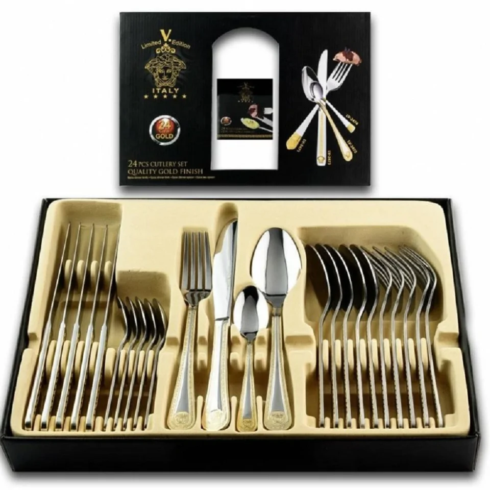 24 részes arany mintás evőeszköz készlet - elegáns étkészlet 6 főre, 3 fogásra