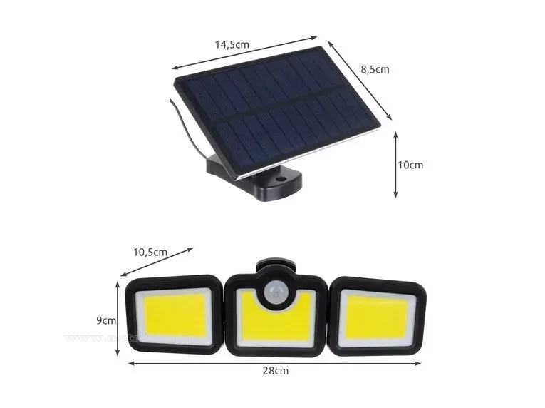 FL-1725B napelemes fali COB LED kültéri lámpa mozgásérzékelős 3 világító egységgel