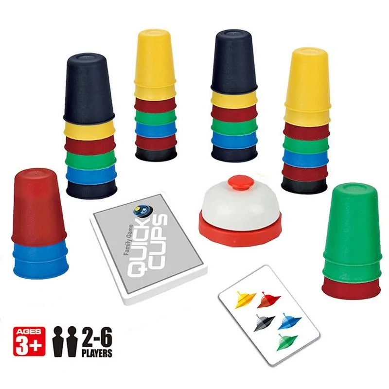 Quick cups - ügyességi társasjáték 24 színes pohárral, csengővel és kártyákkal