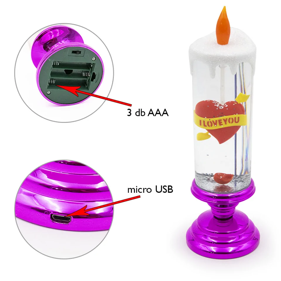Elemről és USB-ről működtethető gyertya alakú RGB LED hangulatvilágítás