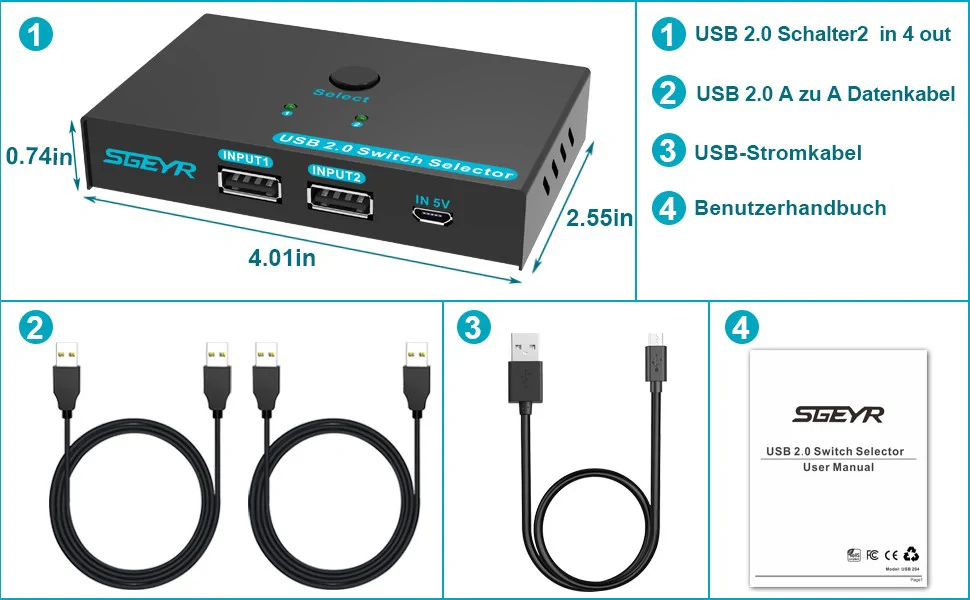 SGEYR 4 Ports USB 2.0 Switch (2-in-4-out)