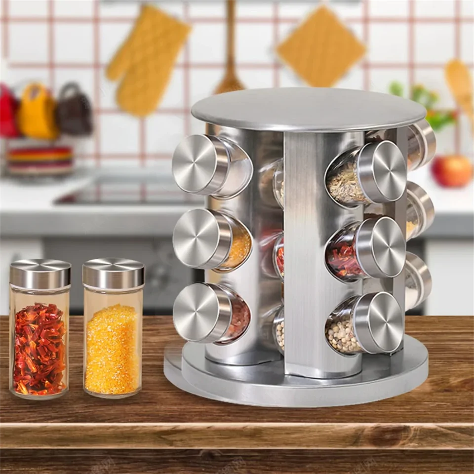Forgó fűszertartó állvány 12 üveggel – praktikus és modern konyhai kiegészítő