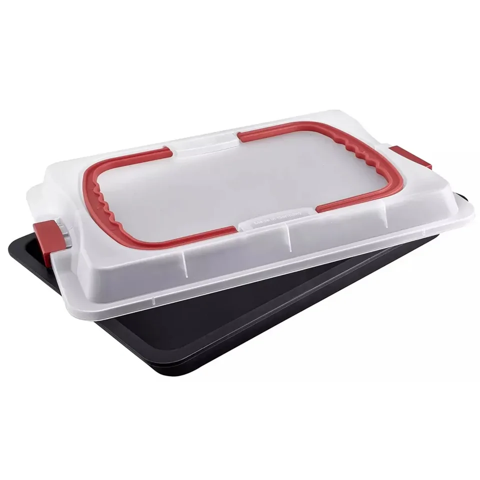 2in1 hordozható tepsi és kínáló tálca - nagy méretű tepsi átlátszó műanyag fedővel - 42 x 28,5 x 4,5 cm