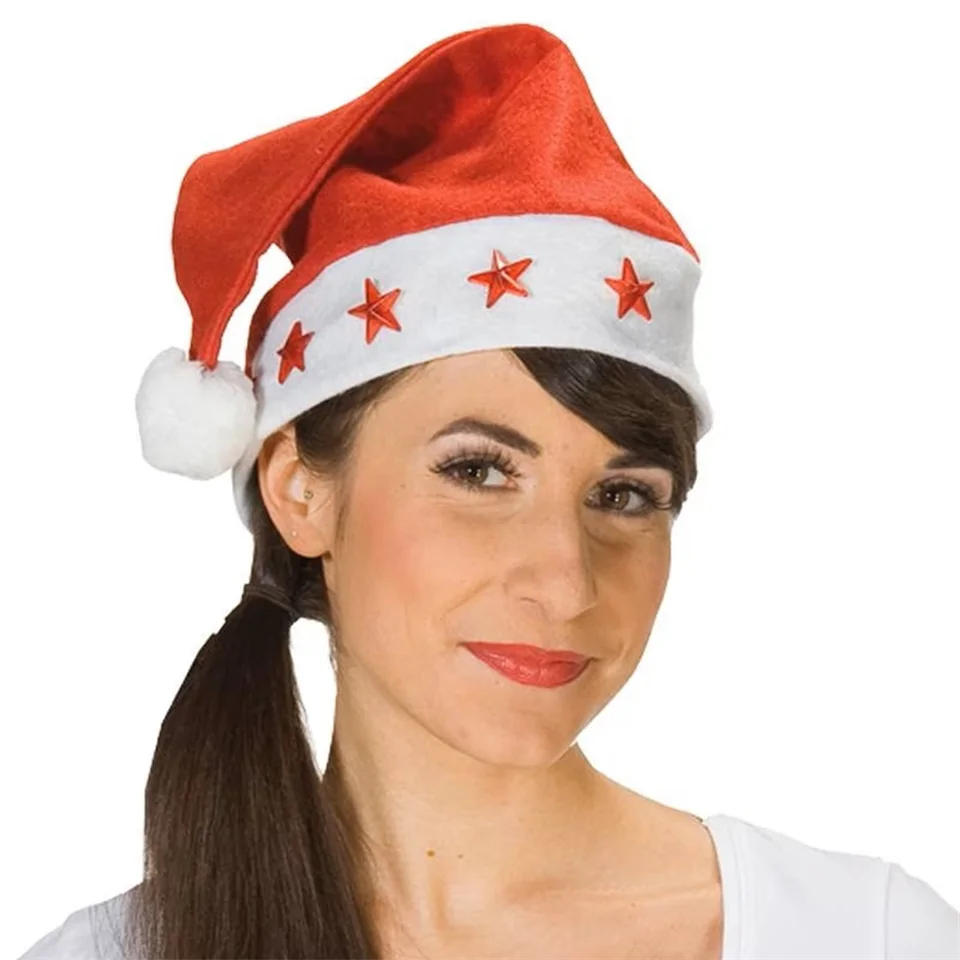 Univerzális méretű Mikulás sapka bojttal és világító csillagokkal légáteresztő filc anyagból - piros, fehér