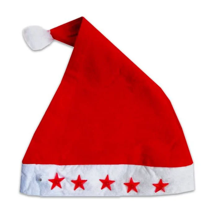 Univerzális méretű Mikulás sapka bojttal és világító csillagokkal légáteresztő filc anyagból - piros, fehér