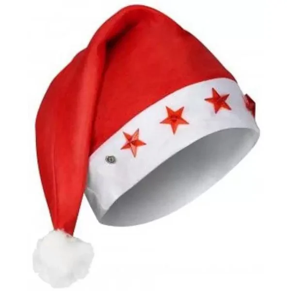 Univerzális méretű Mikulás sapka bojttal és világító csillagokkal légáteresztő filc anyagból - piros, fehér
