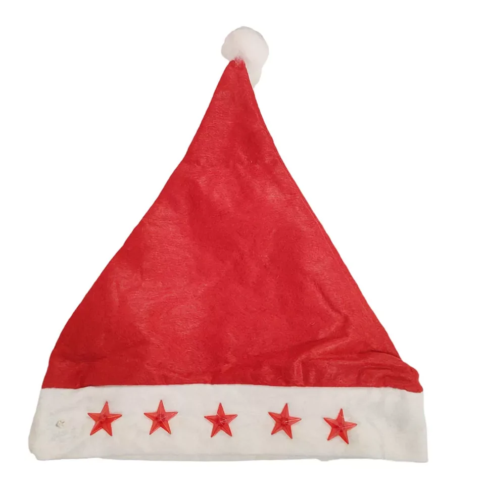 Univerzális méretű Mikulás sapka bojttal és világító csillagokkal légáteresztő filc anyagból - piros, fehér