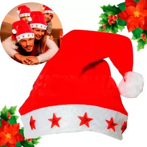 Univerzális méretű Mikulás sapka bojttal és világító csillagokkal légáteresztő filc anyagból - piros, fehér
