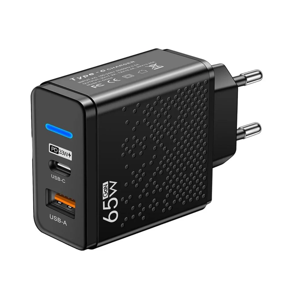 GAN gyors töltőfej /USB A+C, 65W, LED/