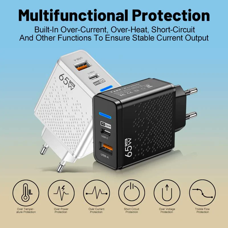 GAN gyors töltőfej /USB A+C, 65W, LED/