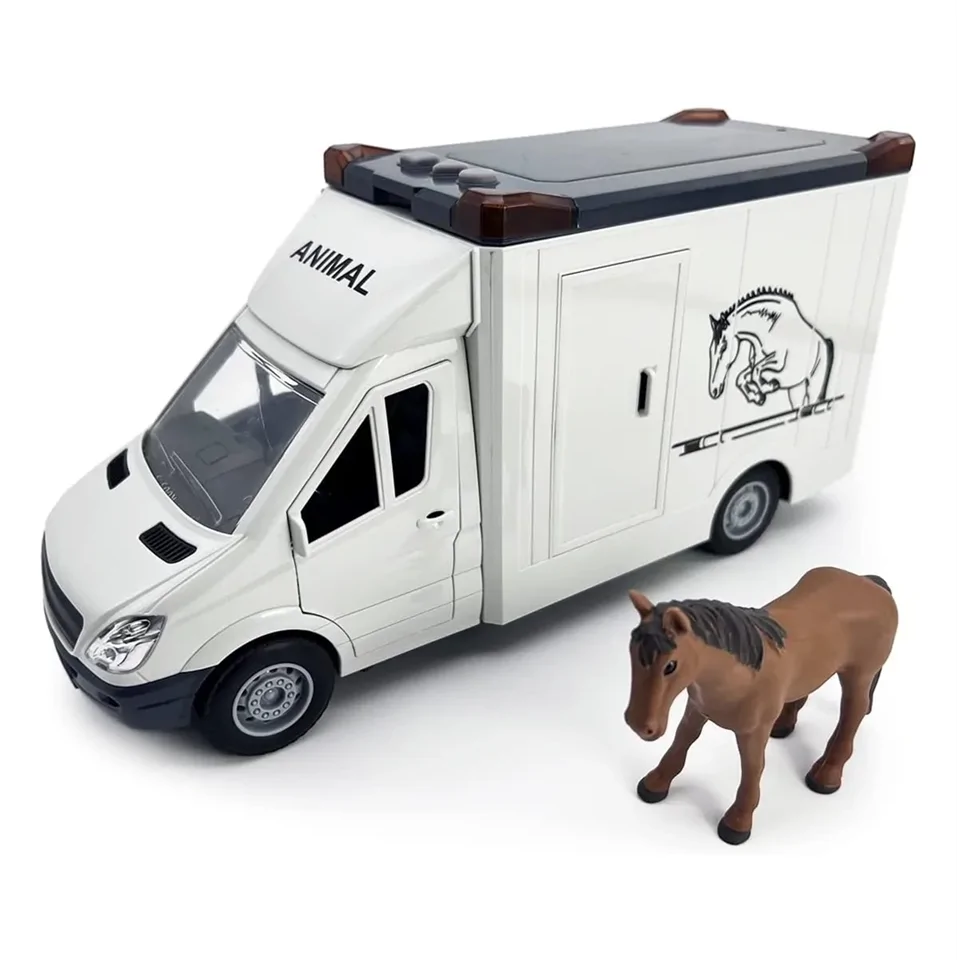 Világító és zenélő, lószállító kocsi kinyitató ajtókkal és játék lóval - 26 x 12 x 9 cm - fehér