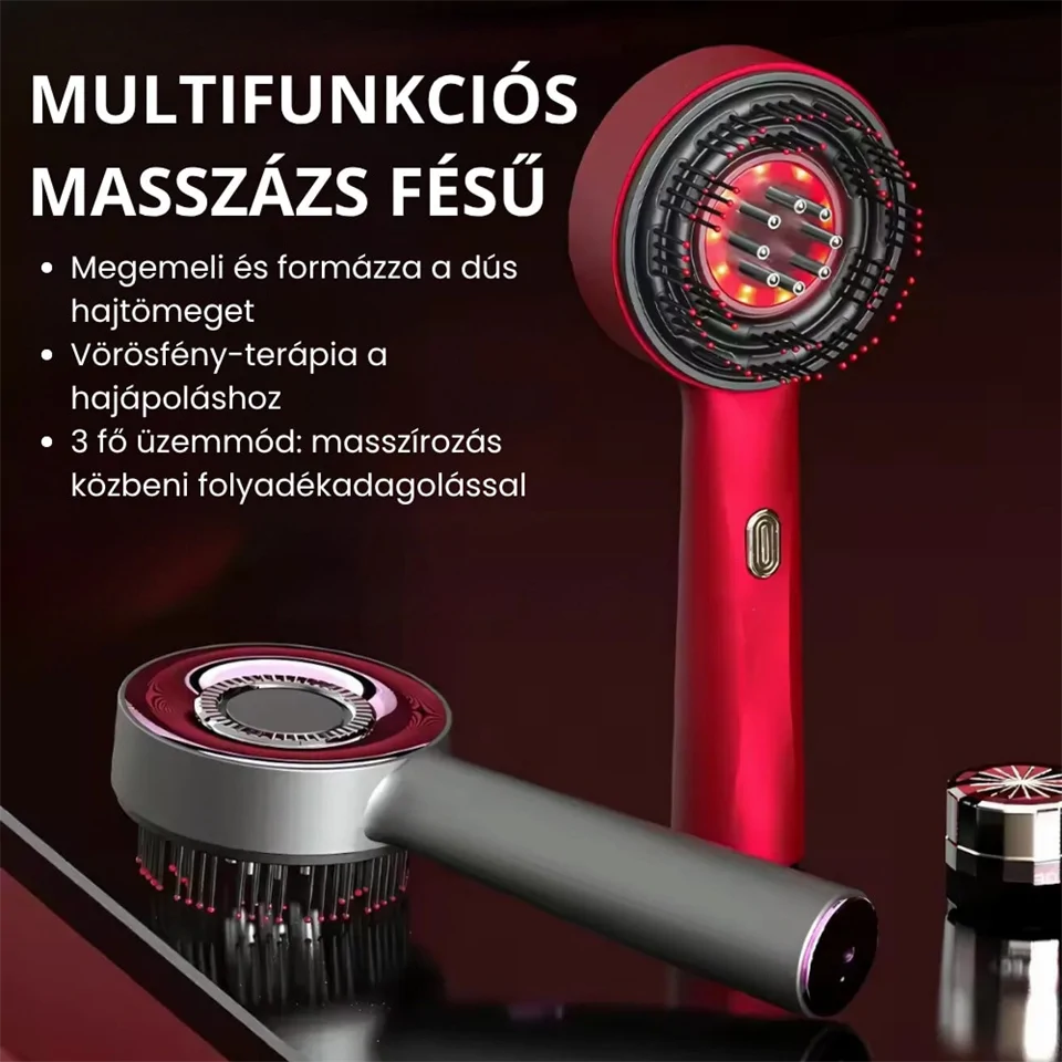 Elektromos fejbőrmasszírozó hajkefe infravörös fénnyel és olajadagolóval 