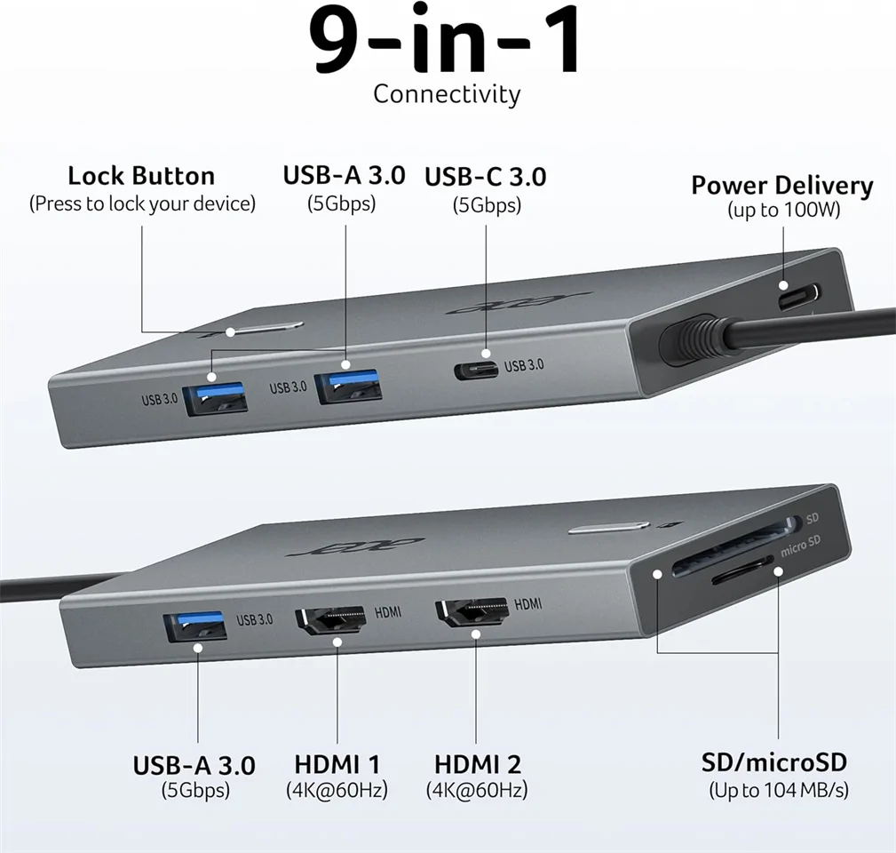 Acer 9in1 Dual HDMI USB-C Hub (ODK4K0)