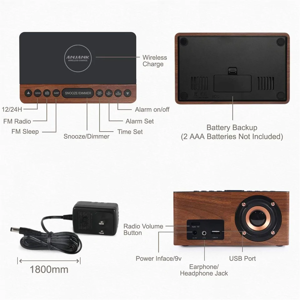 ANJANK AC190 digitális fa ébresztőóra rádióval és töltővel