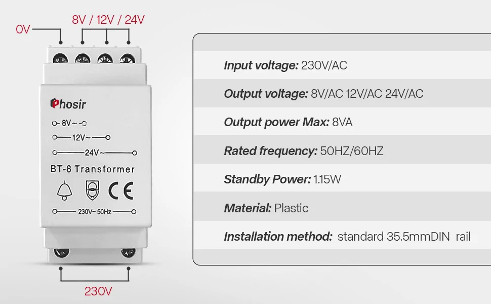 Phosir BT-8 csengőtrafó 8-24 V