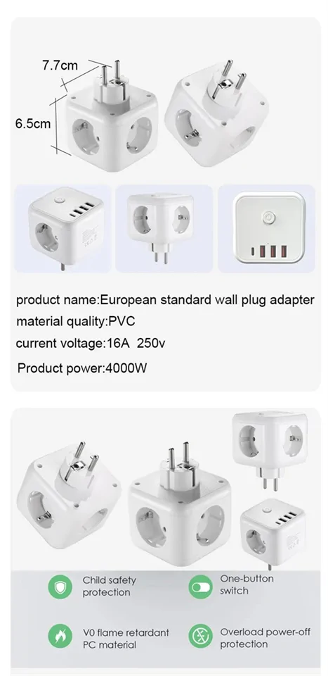 7in1 220V+USB utazó elosztó kocka