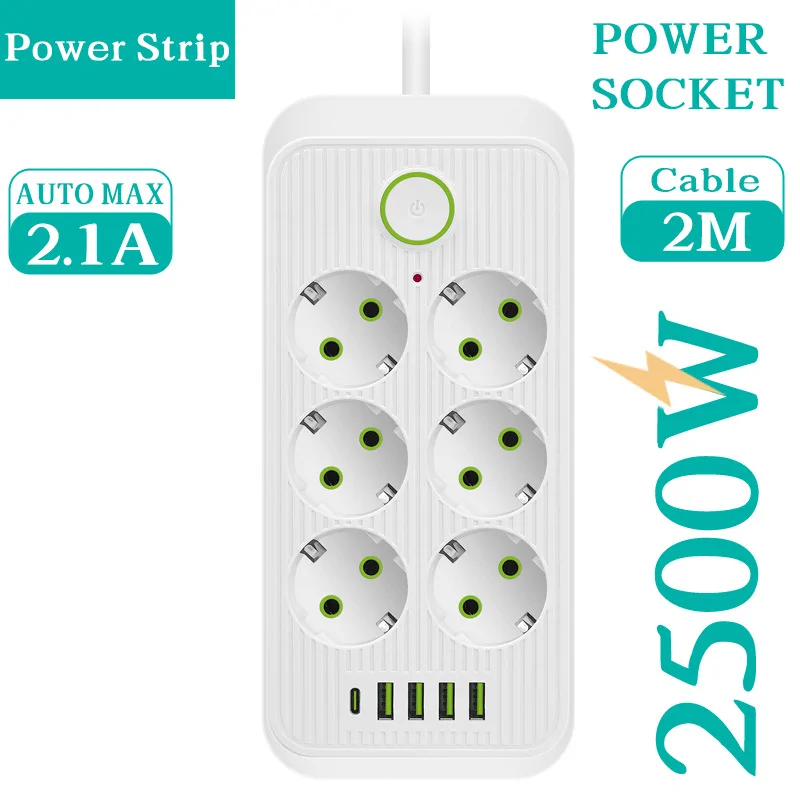 Tűzálló 6-os elosztó 5 USB porttal - F06U /2500W, 2 méter/