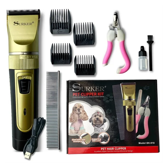 Surker SK-910 csendes működésű, akkumulátoros kisállatszőr nyíró készülék - 3-6-9-12 mm cserélhető fejekkel(BBL)