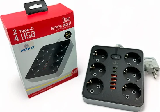 Q605 6-os 220V USB A+C elosztó (2 méter)