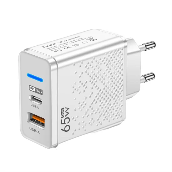 GAN gyors töltőfej /USB A+C, 65W, LED/